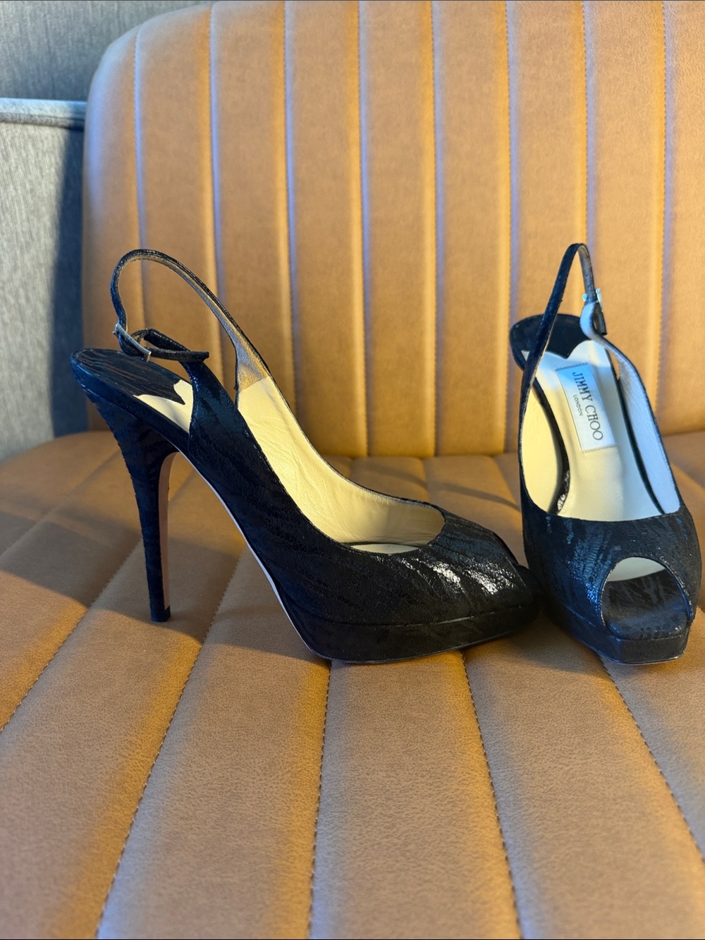 Jimmy Choo Black Textured Peep-Toe Slingback Heels